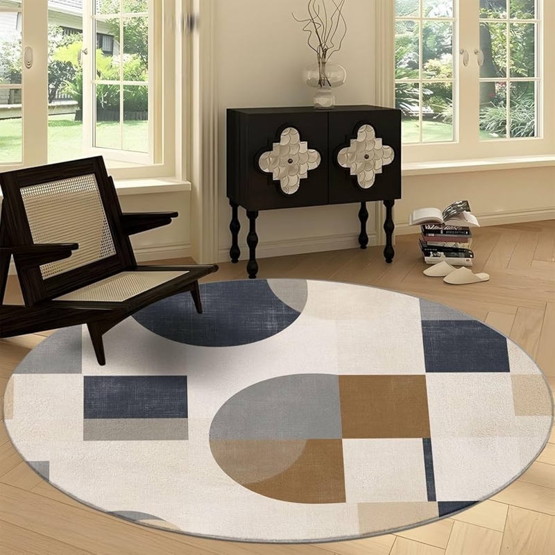 Modern Minimalist Round Area Rug, Black & White Geometric