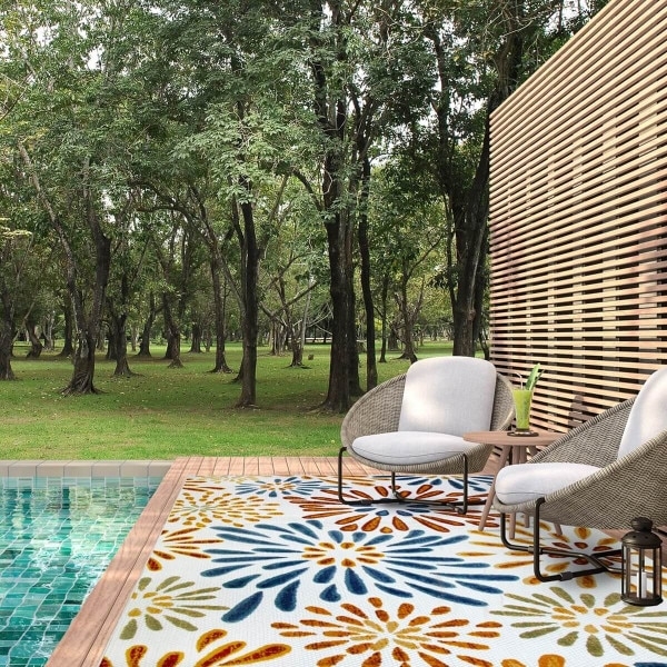 Modern Navy Patio Rug Ideas, Geometric Dashed Pattern, Flat Weave