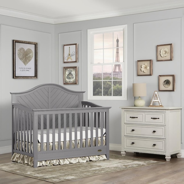 Modern Steel Grey Baby Crib with Tapered Spindle Legs