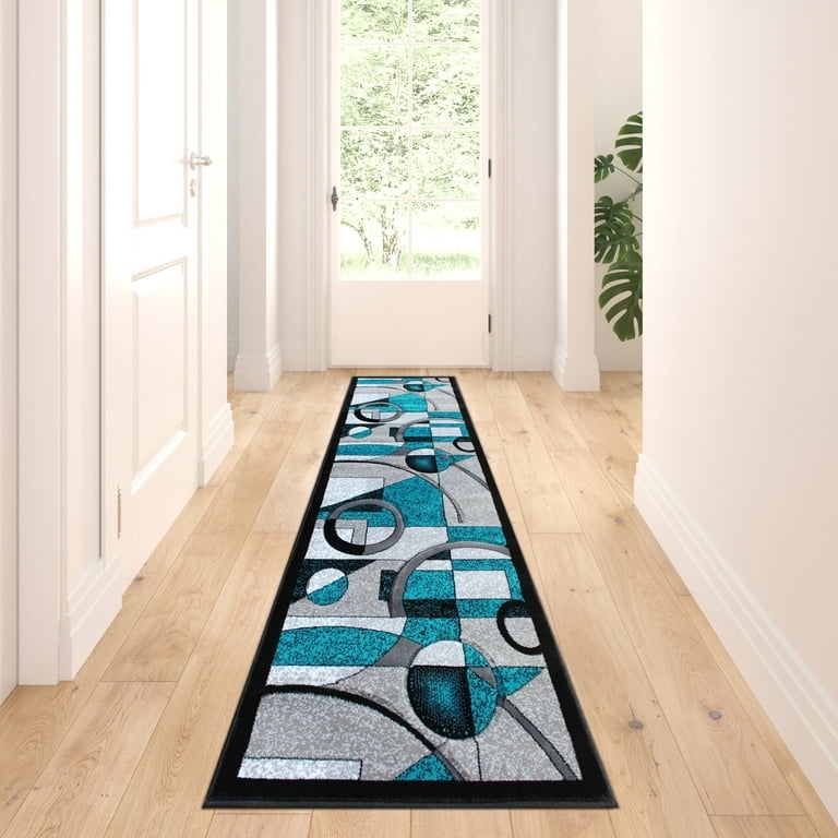 Modern Turquoise Hallway Runner, Abstract Wavy Pattern, Hand-Carved