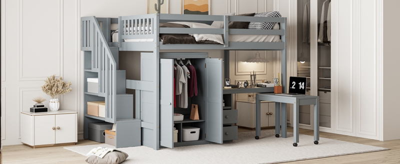 Modern Two-Tone Loft Bed System with Storage Stairs and Wardrobe