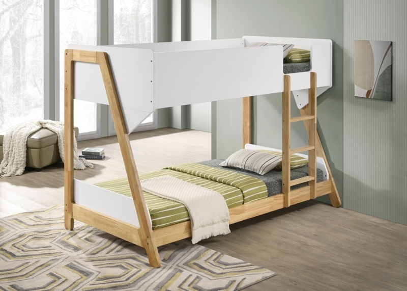 Modern Two-Tone White and Wood Bunk Bed with Slanted Ladder