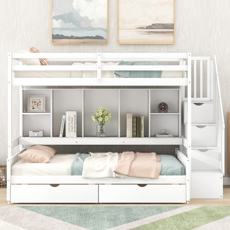 Modern White Bunk Bed with Staircase Storage and Drawers