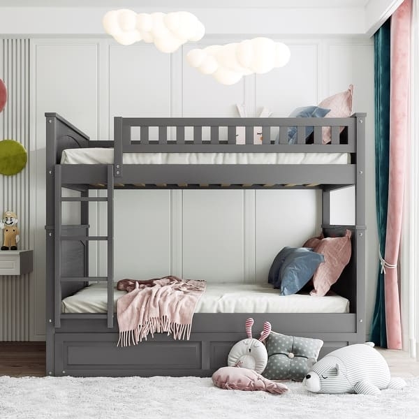 Modern White Full Over Full Bunk Bed with Slatted Guardrails