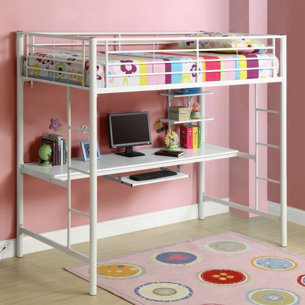 Modern White Loft Bed with Desk and Shelves above