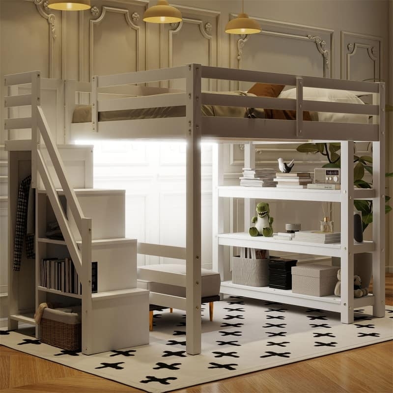 Modern White Loft Bed with Integrated Wardrobe and LED Lighting