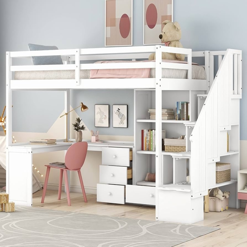 Modern White Loft Bed with L-Shaped Desk and Storage Stairs