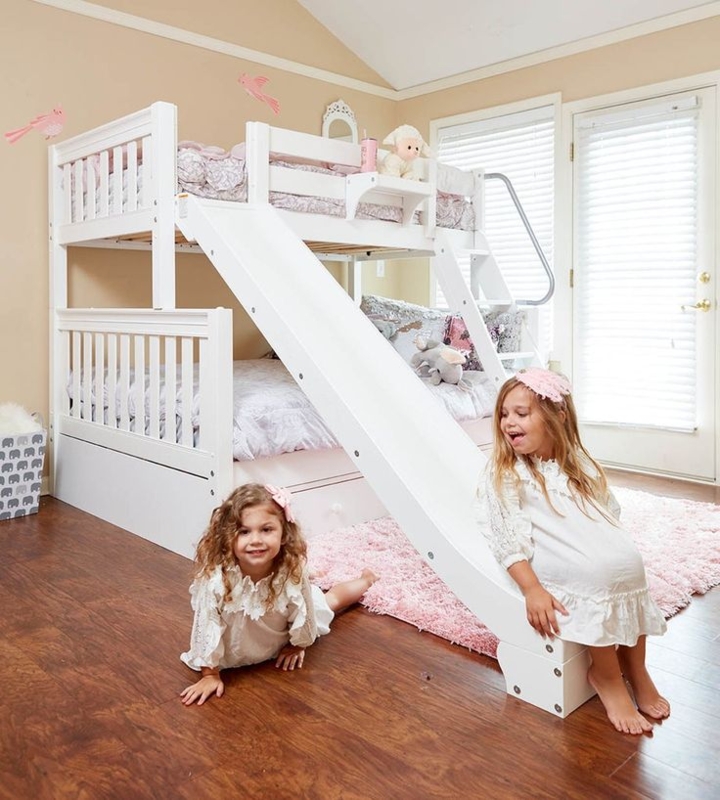 Modern White Low Loft Bed with Underbed Tent and Integrated Slide