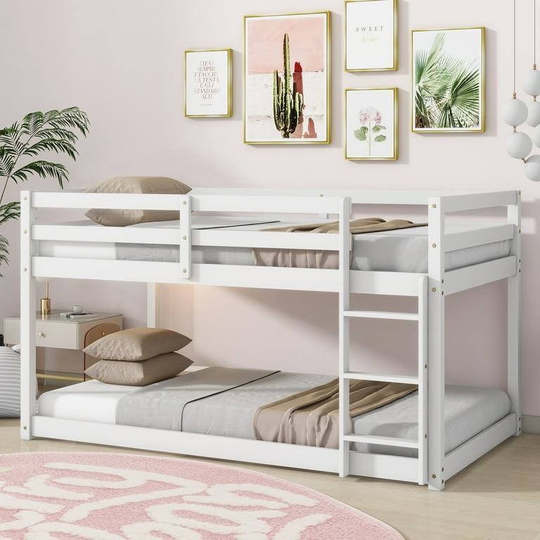 Modern White Wood Bunk Bed Frame Featuring an Angled Ladder
