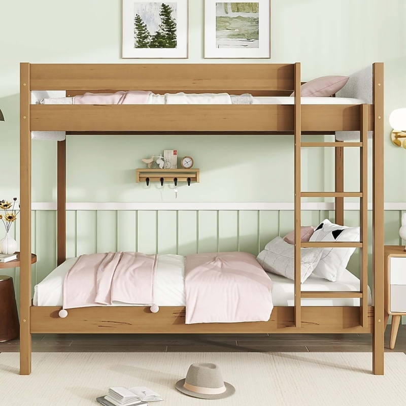 Modern Wood Bunk Bed Frame featuring Beige Upholstered Panels