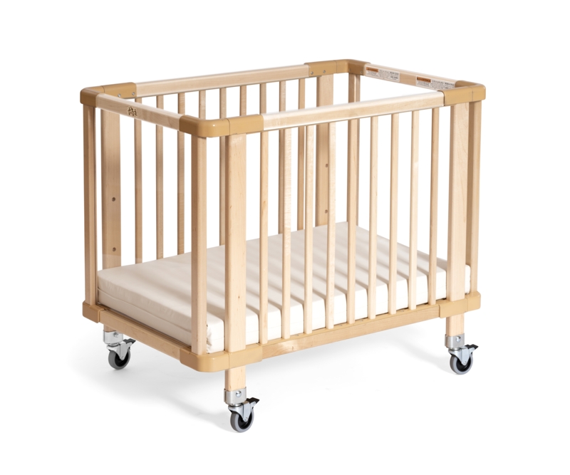 Modern Wooden Crib with Clear View Panels and Locking Casters