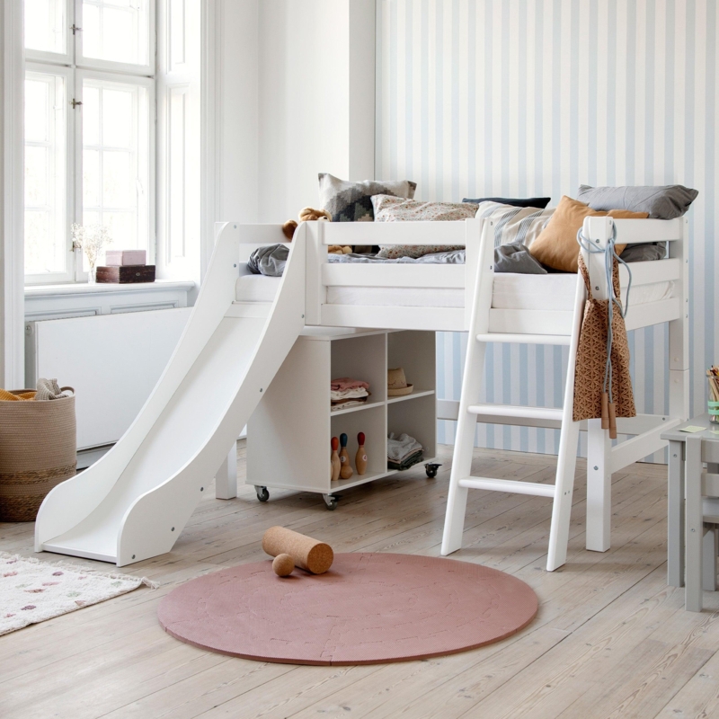 Modular Kids Loft Bed with Slide, White Frame & Under Bed Play Curtains