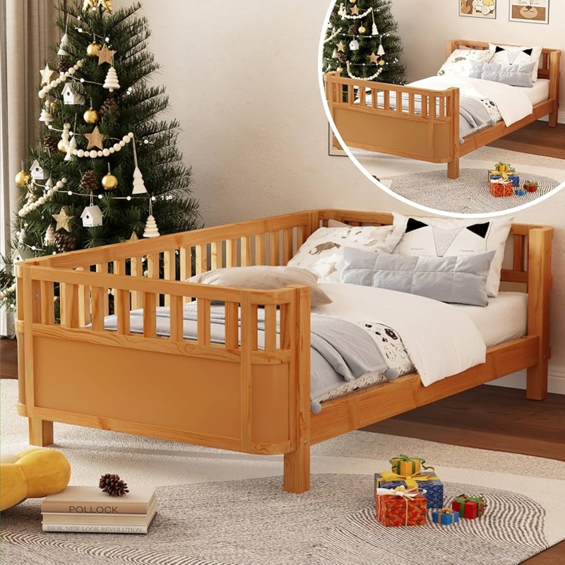 Montessori Bed Natural Wood Low Profile Floor Design Safety Rails