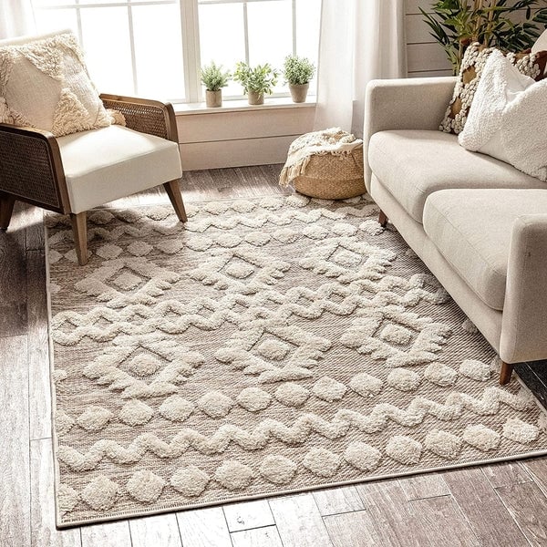 Moroccan Area Rug Flat Weave Diamond Medallions Fringed Edges Beige