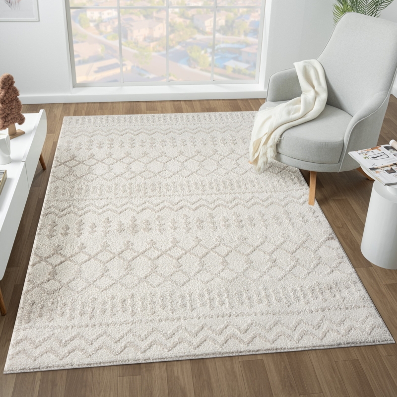 Moroccan Diamond Area Rug Cream Charcoal High Pile Shag
