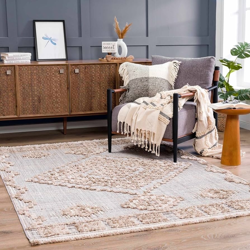Moroccan Medallion Area Rug High Low Pile Farmhouse Living Room Decor