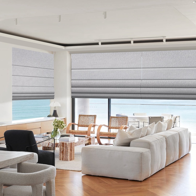 Motorized Roman Shade Iris Grey Blackout Flat Fold Cordless