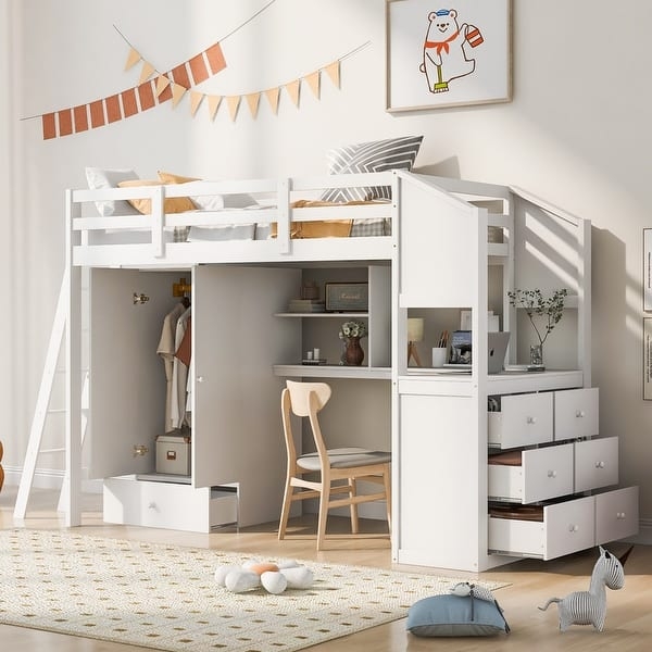 Multifunctional Loft Bed with Desk and Built-in Wardrobe