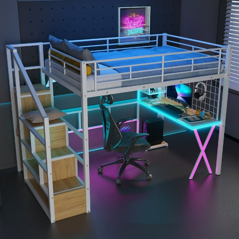 Multifunctional Loft Bed with Trundle Bed and Storage Staircase