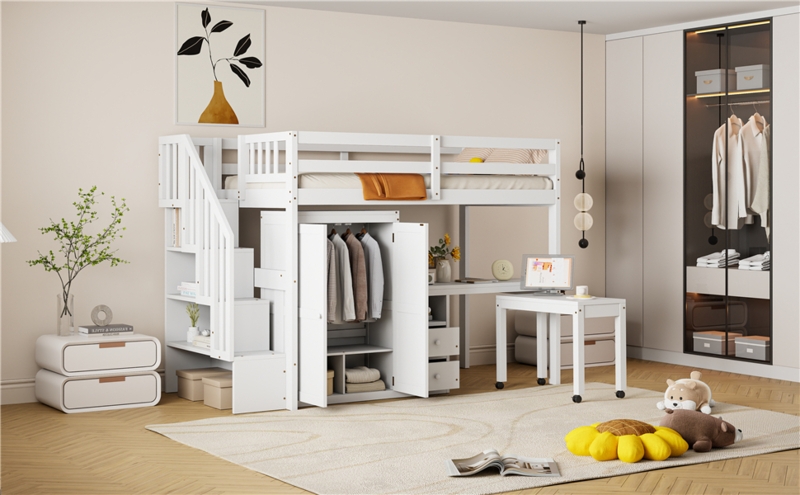 Multifunctional White Loft Bed with Desk, Stairs and Wardrobe