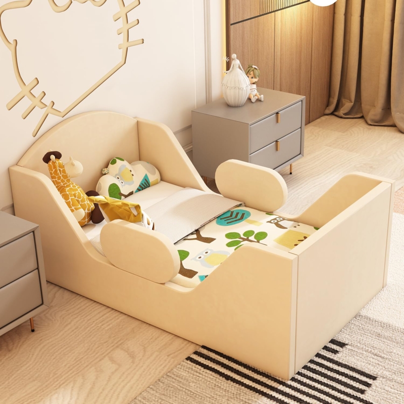 Mustard Yellow Upholstered Toddler Floor Bed, Round Headboard