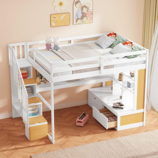 Natural and White Loft Bed with Desk and Staircase Drawers