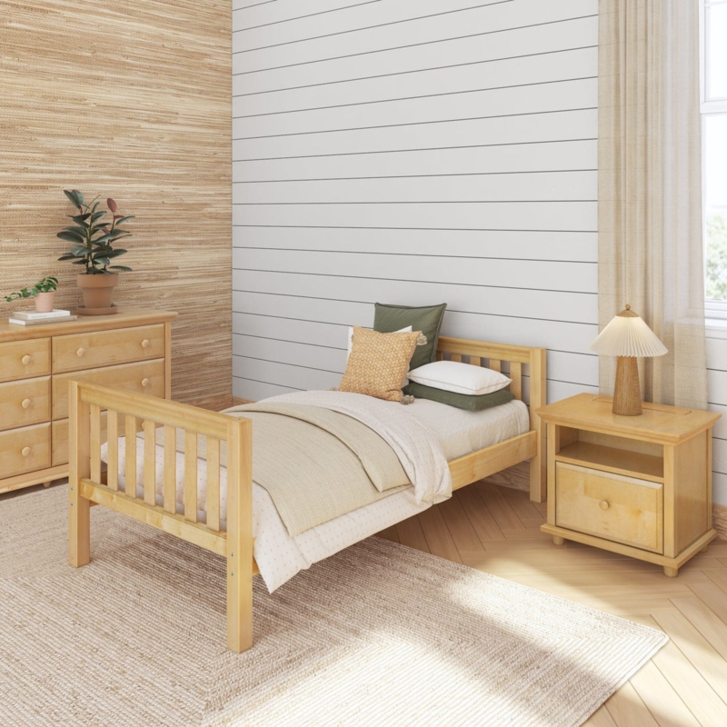 Natural Birch Twin Bed Frame with Side Guardrail, Scandinavian Style