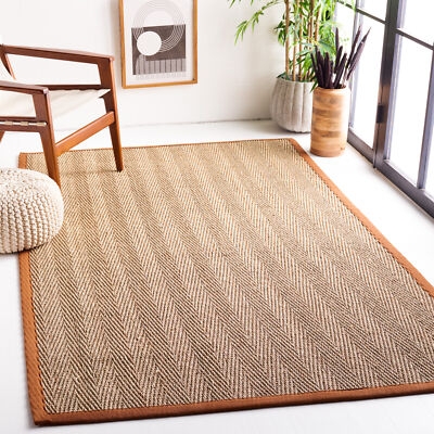 Natural Fiber Area Rug: Woven Tan with Contrasting Dark Brown Border