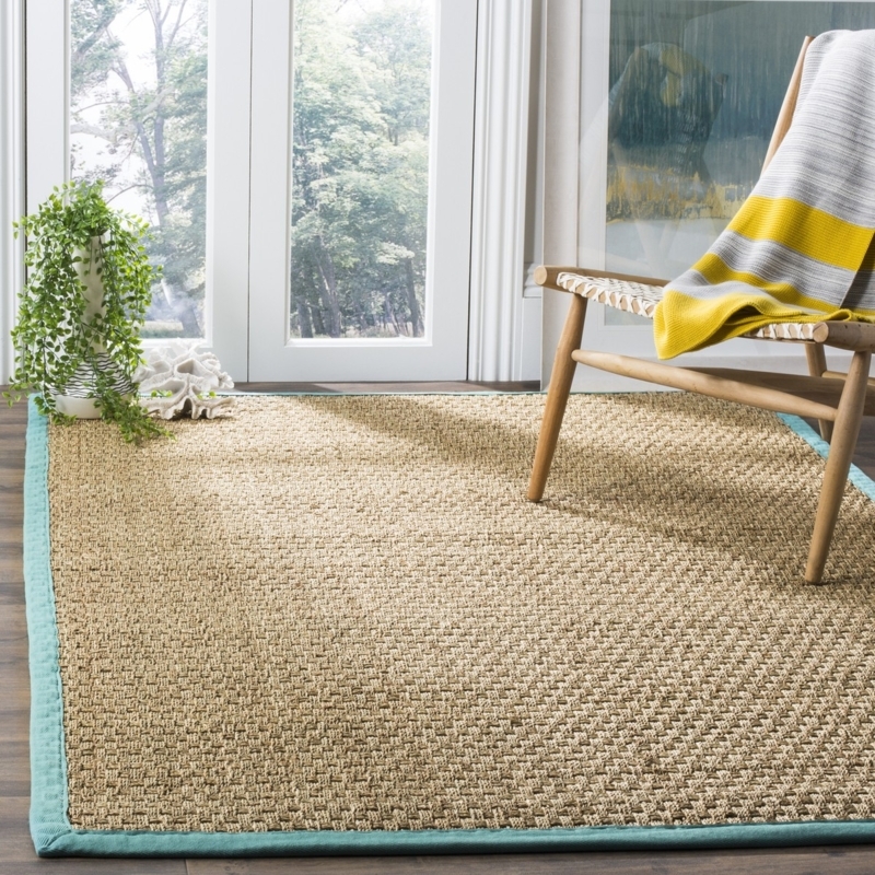 Natural Fiber Area Rug Woven Texture with Teal Geometric Border Coastal