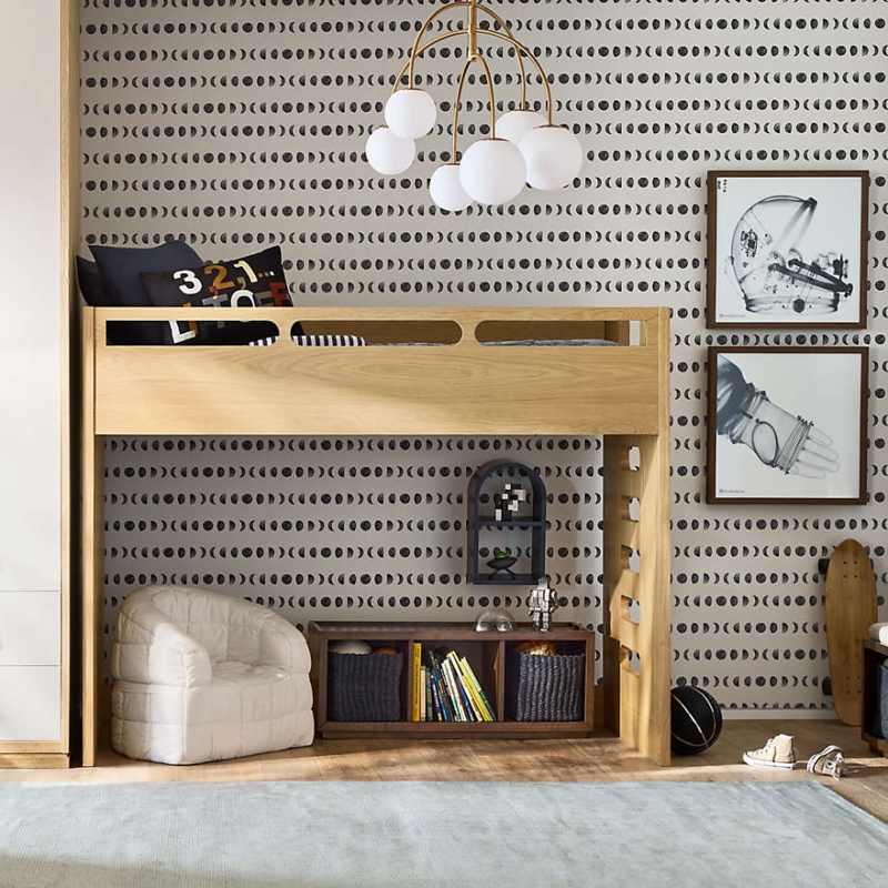 Natural Oak Twin Loft Bed with Vertical Slats and Open Play Space