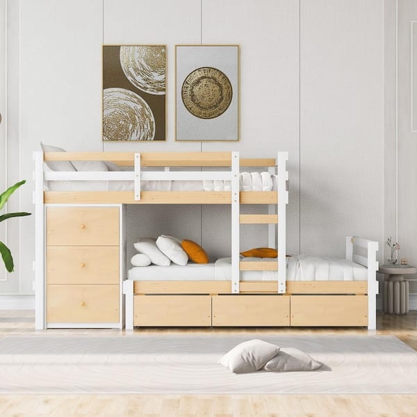 Natural Wood Bunk Bed Six Drawers Integrated Ladder Scandinavian Style
