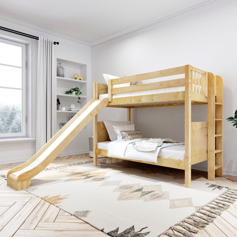 Natural Wood Bunk Bed with Attached Slide and Safety Guardrails
