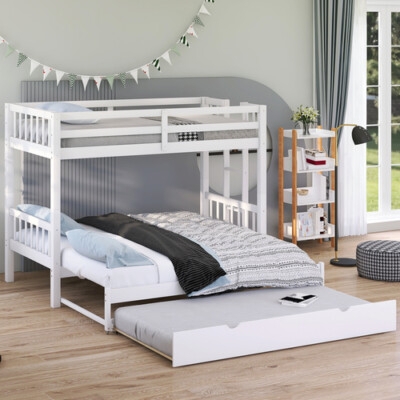 Natural Wood Bunk Bed with Extendable Bottom Bunk and Trundle