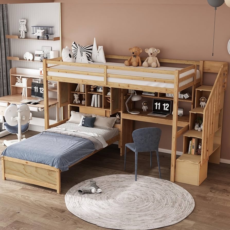Natural Wood Bunk Bed with Integrated Desk and Storage Stairs