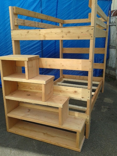 Natural Wood Bunk Bed with Integrated Stairs and Heavy Duty Frame