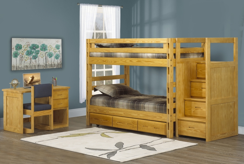 Natural Wood Bunk Bed with Space-Saving Ladder End Design