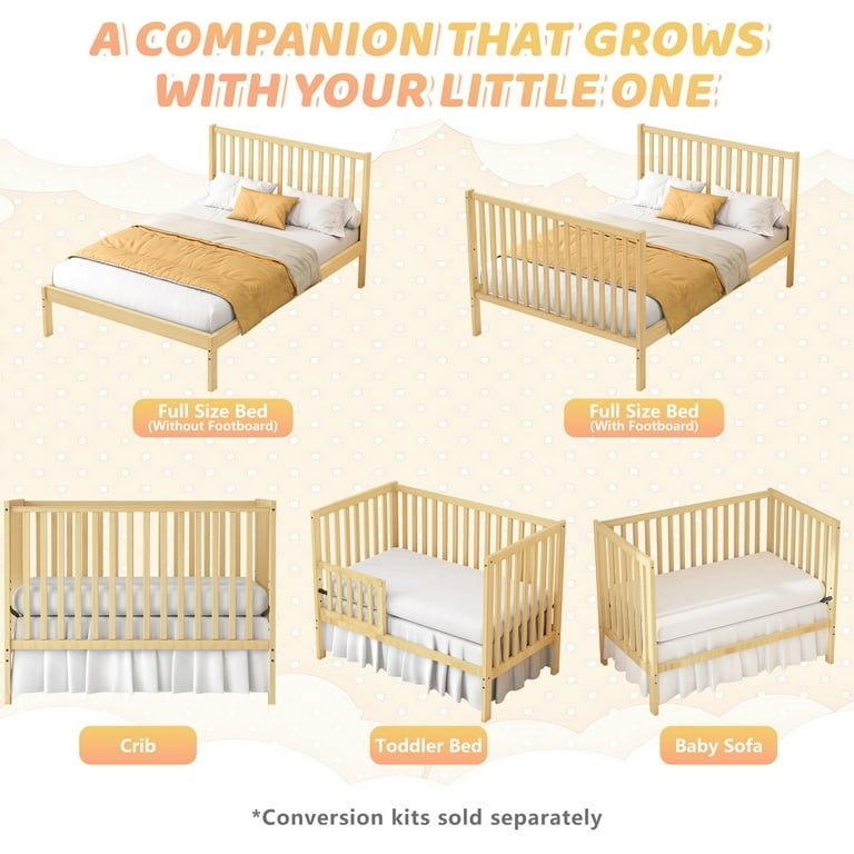 Natural Wood Convertible Crib, Arched Top, Slatted Design
