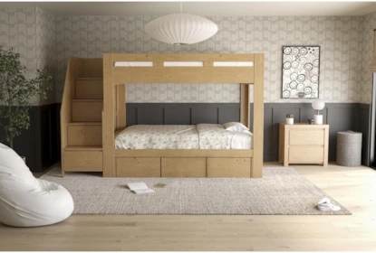 Natural Wood Full Over Full Bunk Bed with Stairway Chest Storage