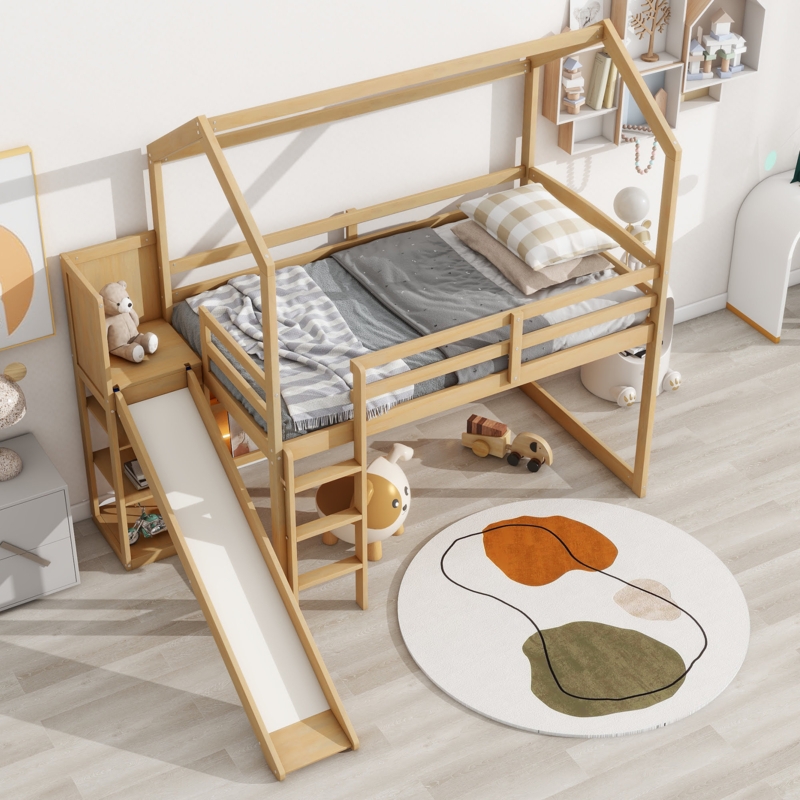 Natural Wood House Bed with Climbing Ramp and LED Lights