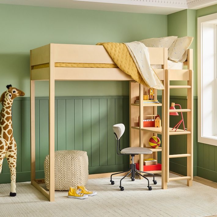 Natural Wood Loft Bed featuring Built-in Desk and End Shelving