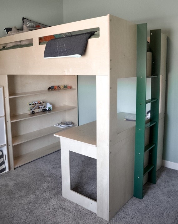 Natural Wood Loft Bed with Full-Length Desk and Shelving