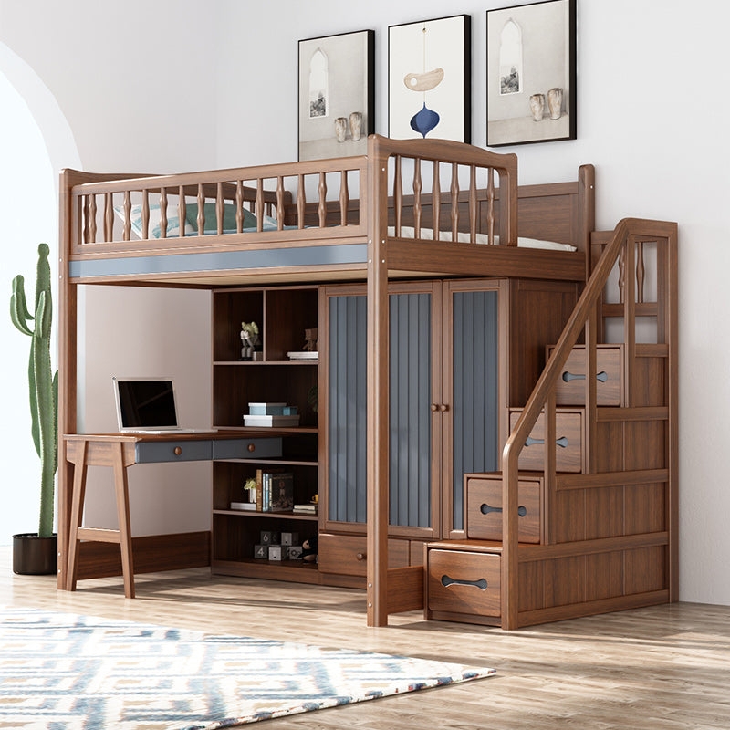 Natural Wood Loft Bed with Integrated Wardrobe and Desk