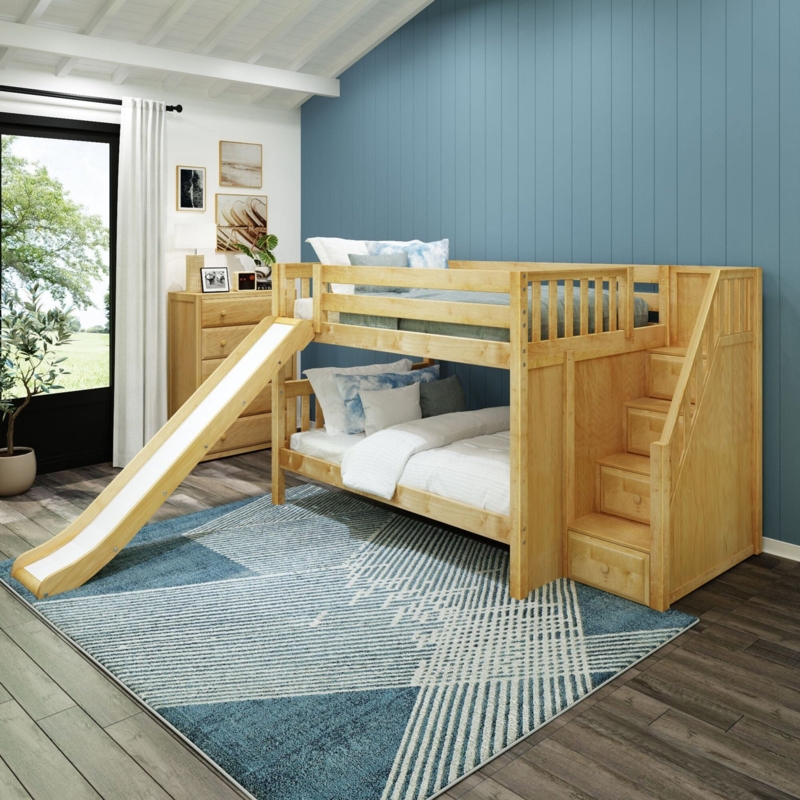 Natural Wood Low Bunk Bed with Slide & Staircase Drawers