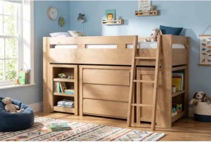 Natural Wood Low Loft Bed with Pull-Out Desk for Kids Room Storage