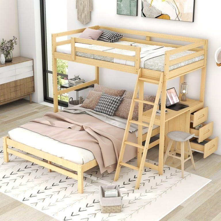 Natural Wood Twin Over Full Bunk Bed with Integrated Side Desk