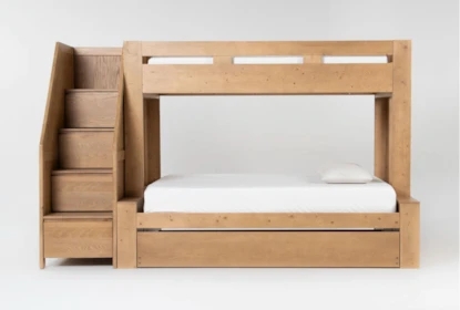 Natural Wood Twin Over Full Bunk Bed with Stairway Chest and Trundle