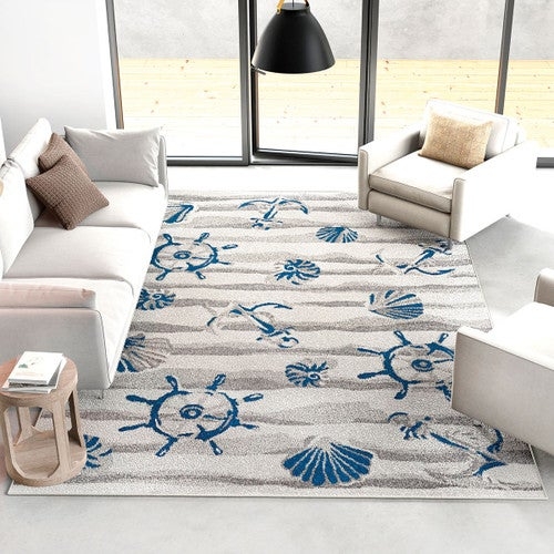 Nautical Anchor Area Rug with Contrasting Navy Blue Border, Coastal Decor