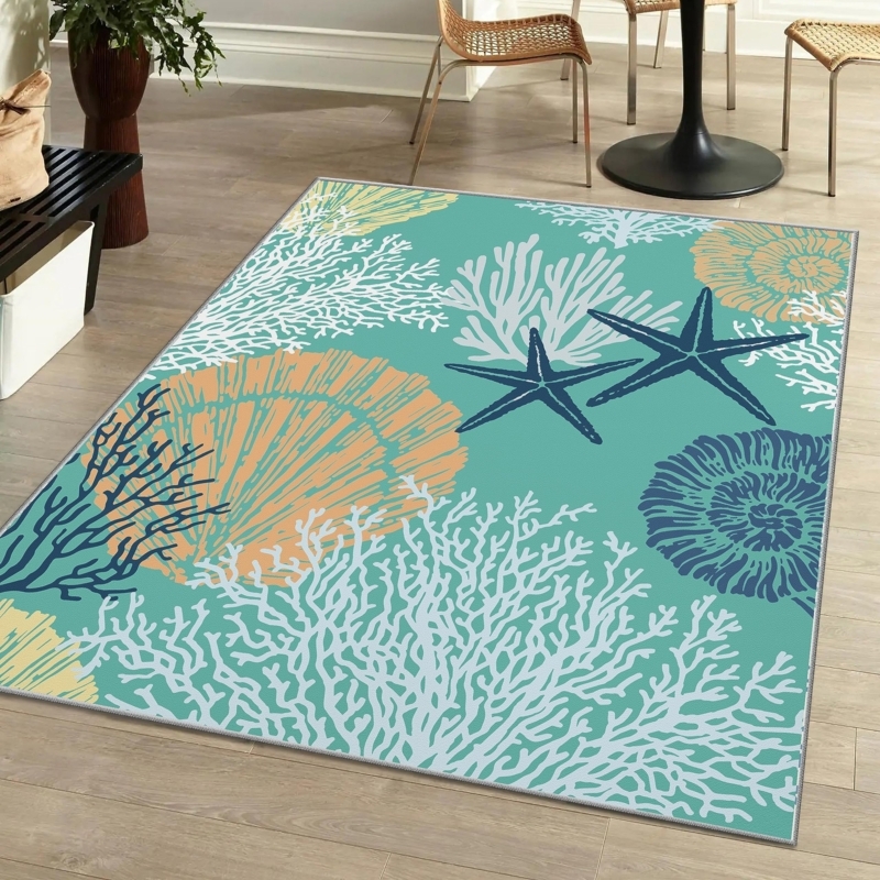 Nautical Area Rug: Vibrant Teal Compass Rose Focal Point