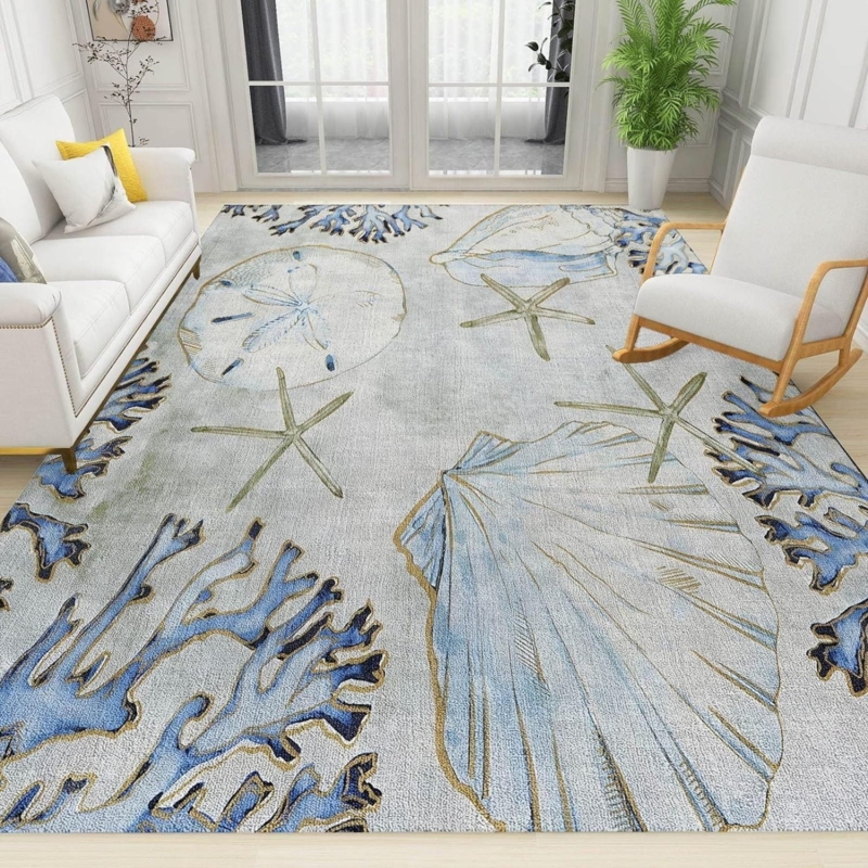 Nautical Area Rug with Starfish and Shell Pattern, Blue and Beige Decor