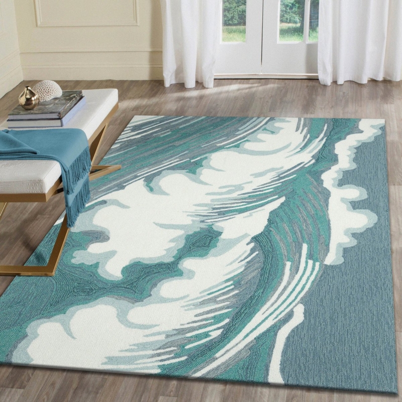 Navy Blue Area Rug with Bold Wave Graphic, Scalloped Pattern Decor